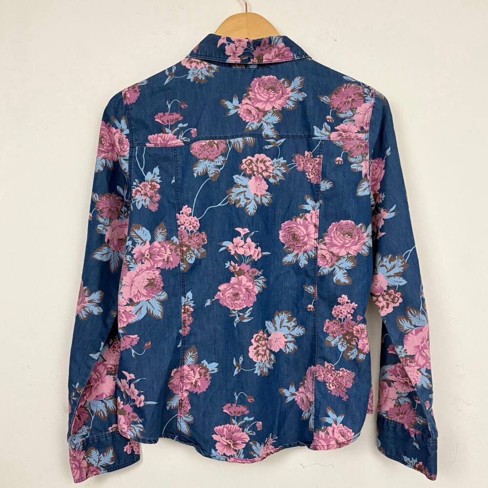 Guess Denim Floral Button Front Shirt Blue Pink Flowers Size Large100% Cotton - Picture 3 of 5